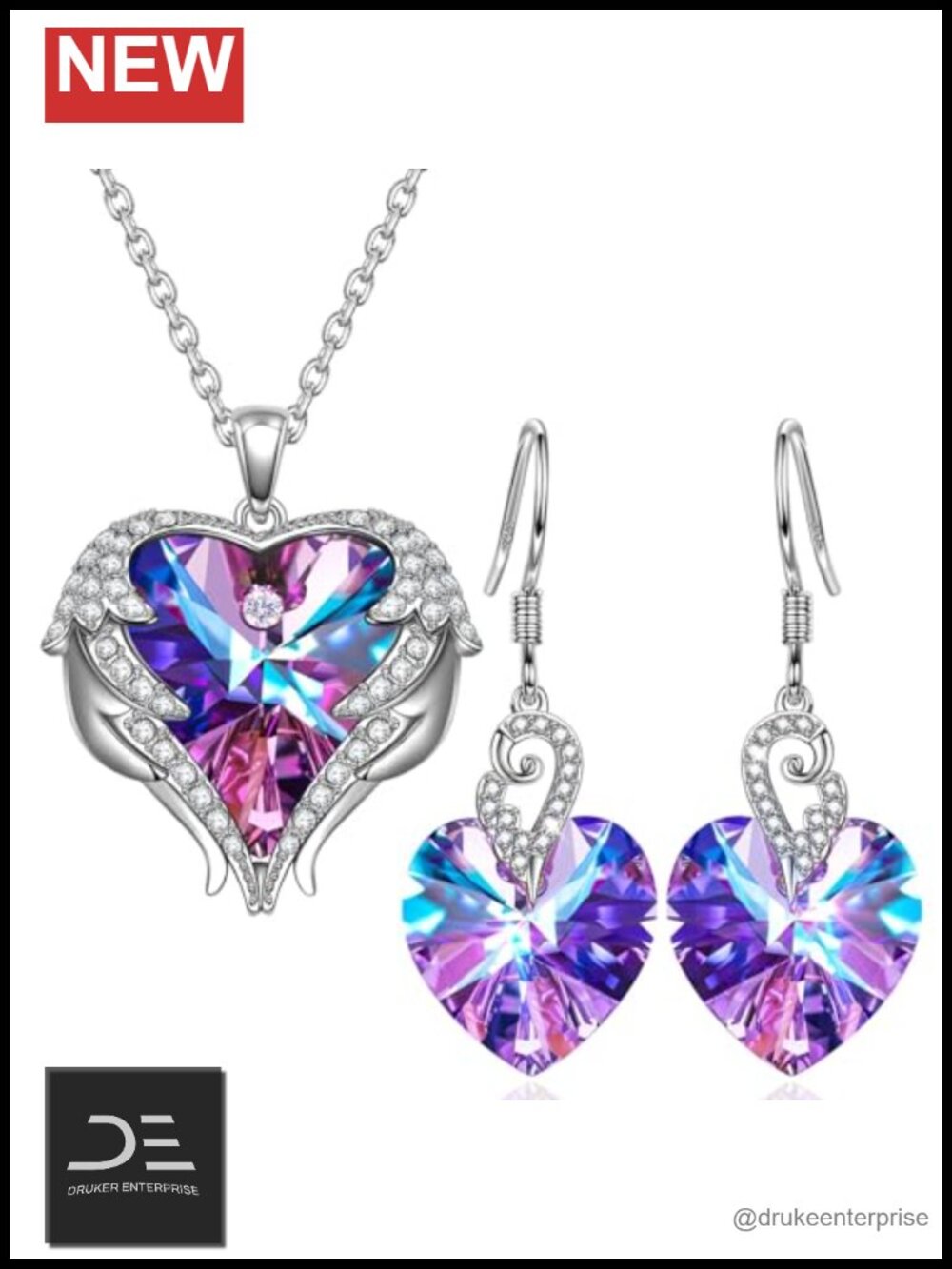 Sterling Silver Angel Wing Pendant Necklace & Earrings Jewelry Set with